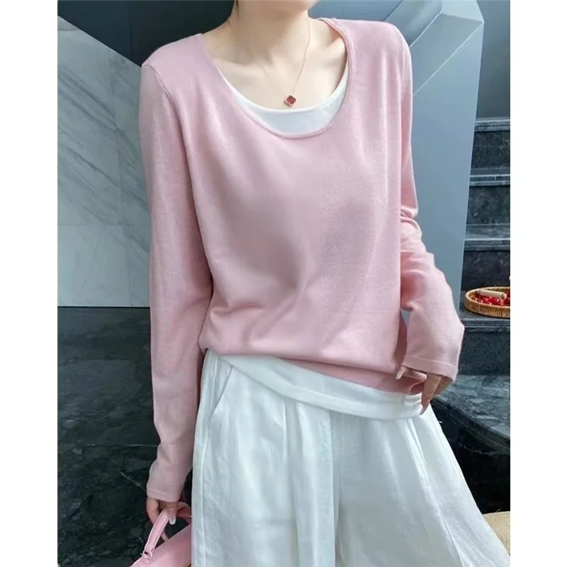 

2024 Splicing color contrast cashmere knitwear women's spring and autumn thin loose round neck matching color wool base shirt