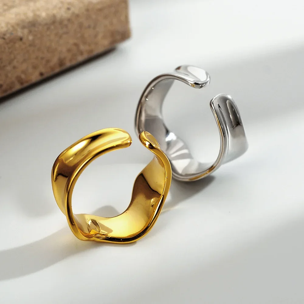 

Кольцо с абстрактным широким толстым оформлением Youth of Vigor, открытое серебряное кольцо с золотым тоном и неравномерным узором, полированные кольца R1045