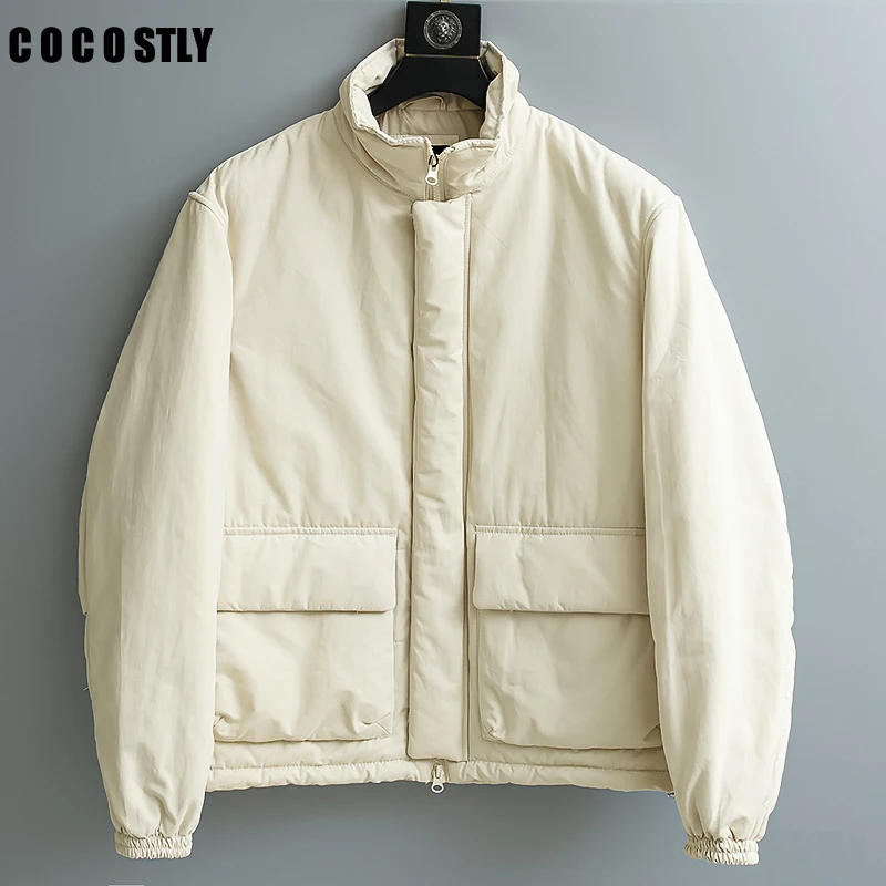

Cocostly 2024 Winter Men Simple Solid Stand Collar Zip Pocket Parka Coats Male Casual Loose Warm Padded Outwear Quilted Jacket