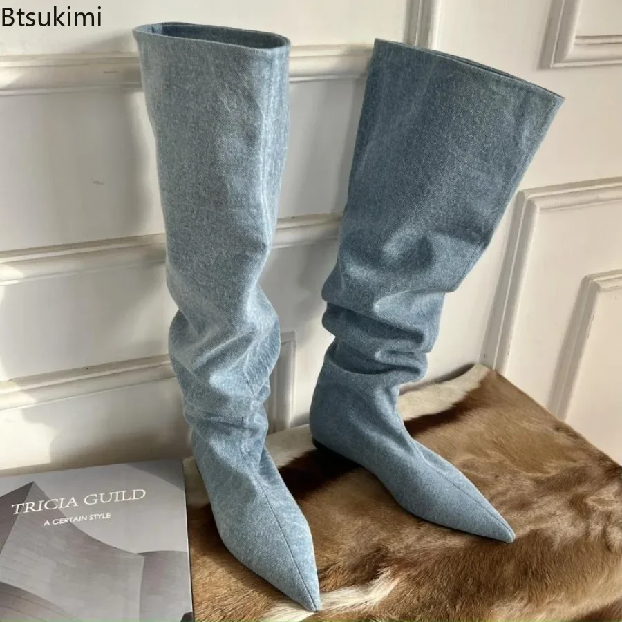 New 2024 Women's Sexy Long Knee High Boots Pointed Toe Denim Style Girls Western Botas Flat Low Heels Black Blue Female Booties
New 2024 Women's Sexy Long Knee High Boots Pointed Toe Denim Style Girls Western Botas Flat Low Heels Black Blue Female Booties