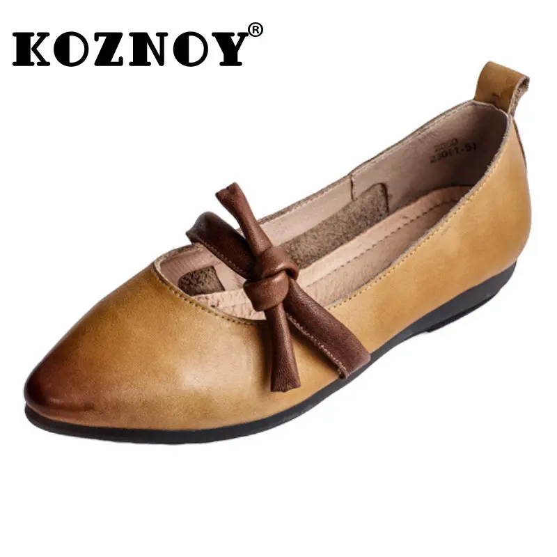 

Koznoy 2cm 2023 Women Natural New Genuine Leather Shoes Slip on Summer Shallow Flats Mary Jane Oxfords Loafers Pointed Toe Comfy