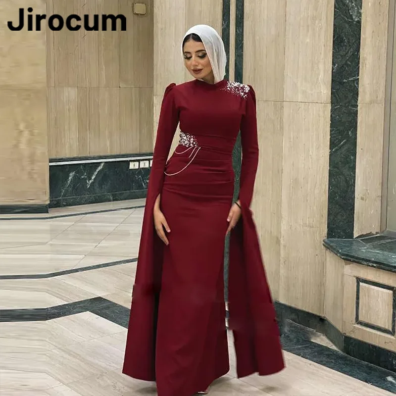 

Jirocum Muslim Mermaid Prom Dress Women's O Neck Beaded Long Sleeve Party Evening Gown Floor Length Formal Occasion Dresses 2024