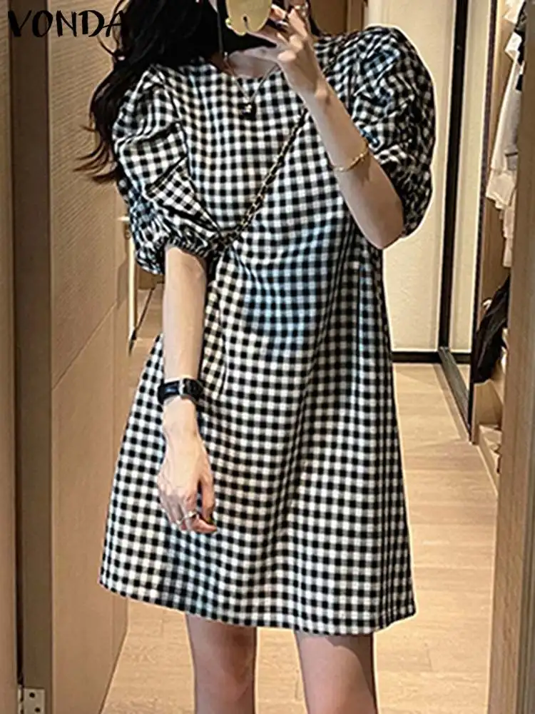 2023 VONDA Fashion Women Plaid Mini Dress Short Puff Sleeve Summer Bohemian Sundress Casual Loose Holiday Vestidos Robe Femme
2023 VONDA Fashion Women Plaid Mini Dress Short Puff Sleeve Summer Bohemian Sundress Casual Loose Holiday Vestidos Robe Femme