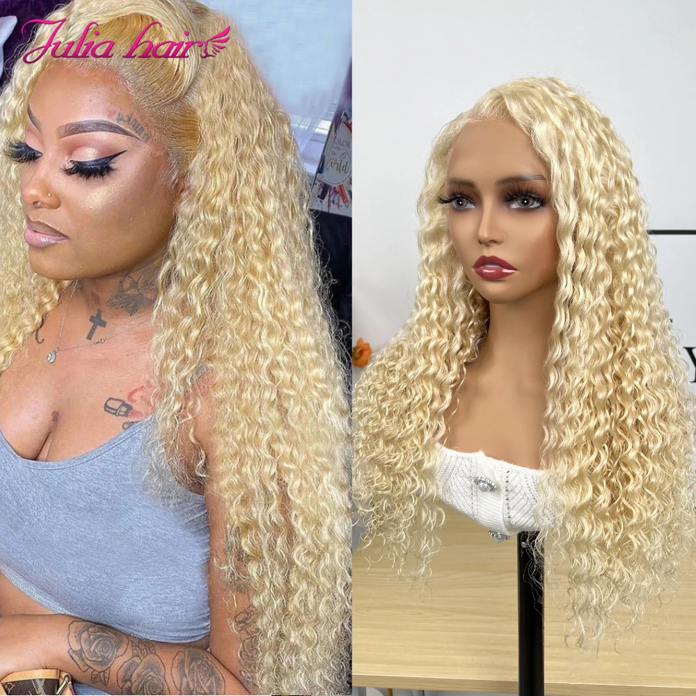 

Julia Hair Blonde Water Wave Frontal Wig Pre Colored Brazilian Water Wave Lace Front Wig 150 Density 613 Human Hair Wigs