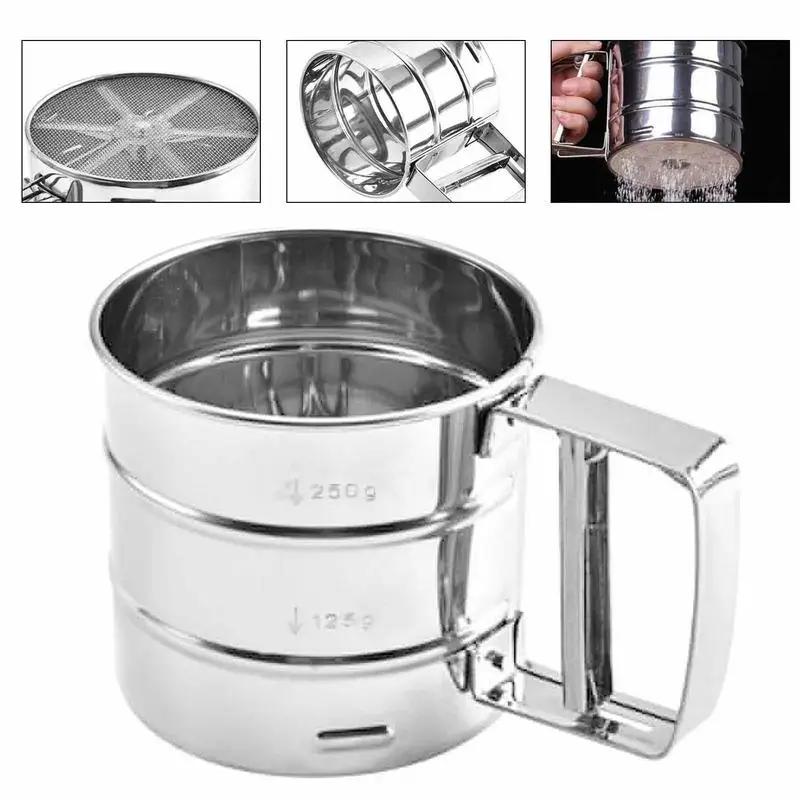 

Stainless Steel Flour Sifter Semi Automatic Flour Sieve Powder Sugar Mesh Sieve Sugar Shaker With Hand Press Design for Baking