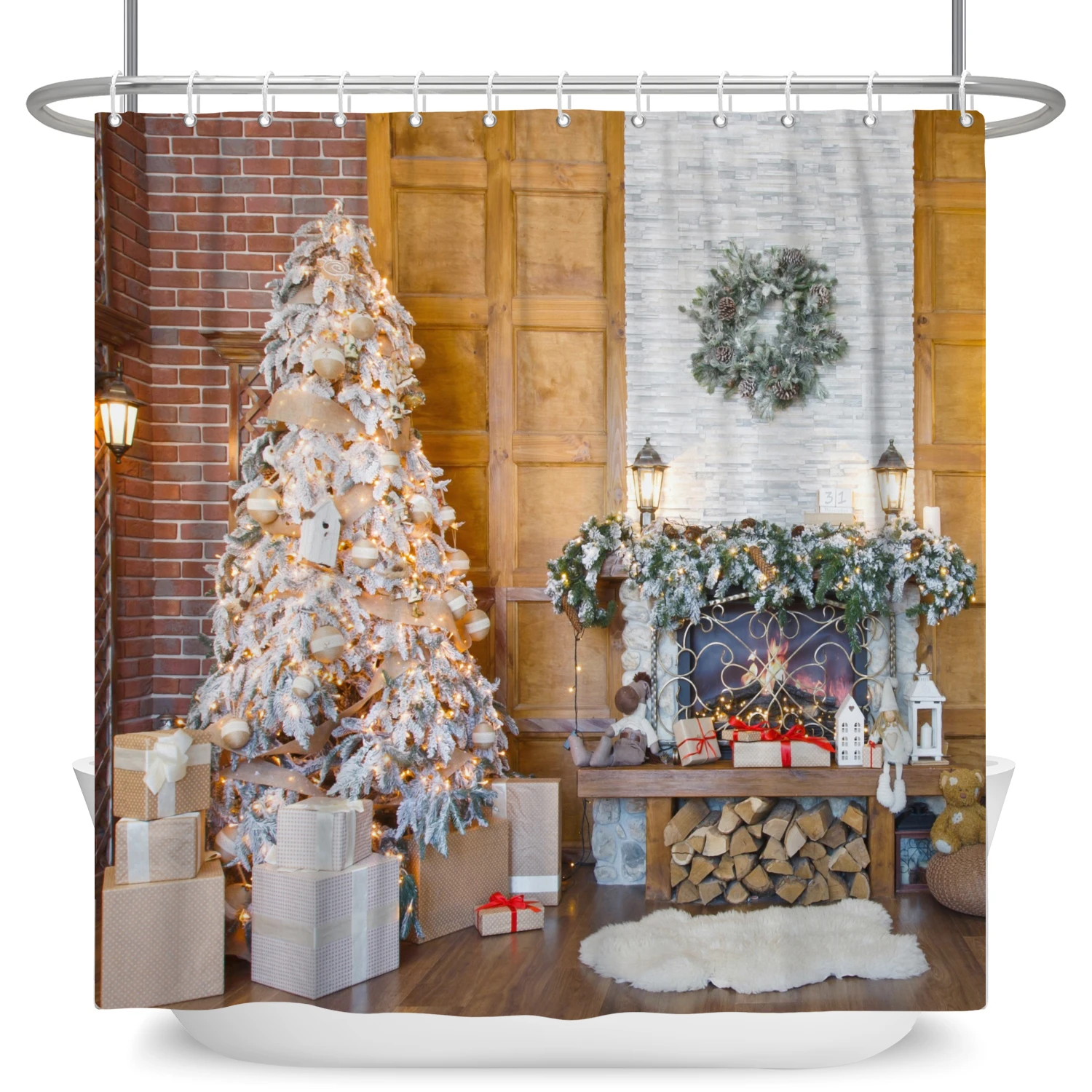 

Merry Christmas Tree New Year Shower Curtains Waterproof Bath Curtain Santa Claus Snowflake for Bathroom Home Decor with Hooks