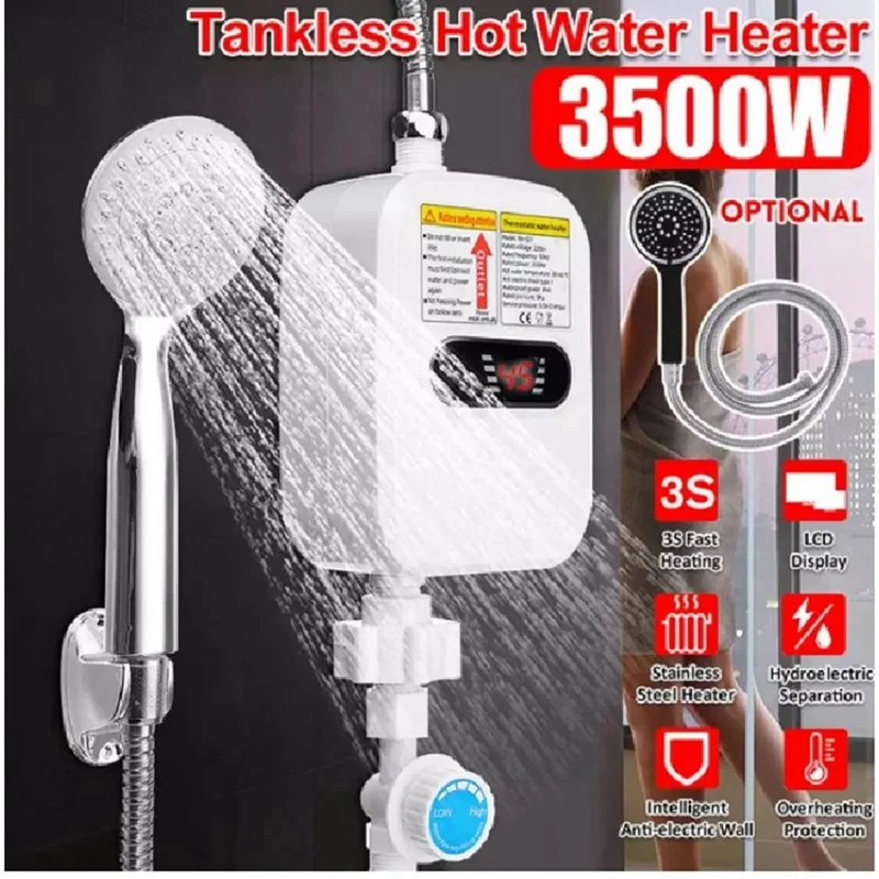 

Мгновенный водонагреватель для душа, смеситель для ванной комнаты, нагреватель горячей воды 3500 Вт, цифровой дисплей для загородного дома