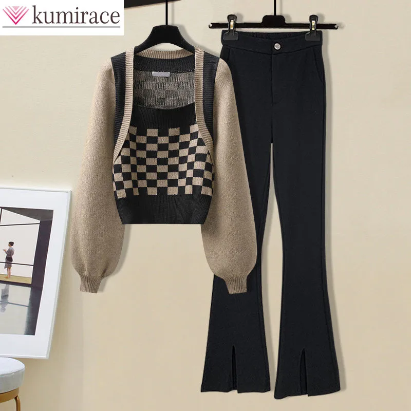 Korean Popular Autumn Vintage Checkerboard Stitching Knitted Shirt Sweater Casual Trousers Two-piece Elegant Women's Pants Set
Korean Popular Autumn Vintage Checkerboard Stitching Knitted Shirt Sweater Casual Trousers Two-piece Elegant Women's Pants Set