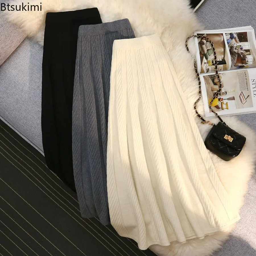 

Женская трикотажная юбка средней длины, бежевая плиссированная юбка-трапеция с высокой талией, Осень-зима 2024