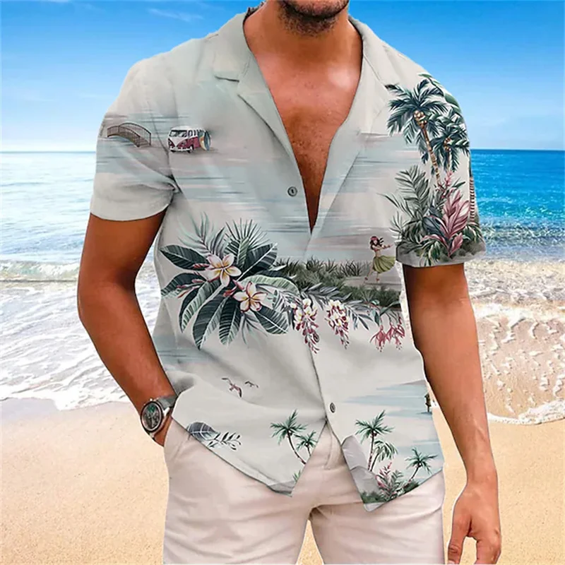 

New Men's Shirt Hawaiian Shirt Coconut tree 3D Printing Cuban Collar Gray Short Sleeve Tropical Fashion Beach Recreation Shirts