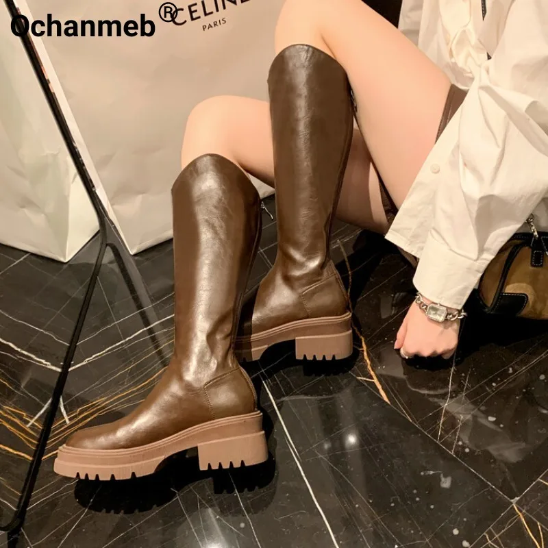 

Ochanmeb женские коричневые высокие ботинки, качественная обувь на массивном высоком каблуке и платформе с застежкой-молнией сзади, женская зимняя готическая обувь с круглым носком