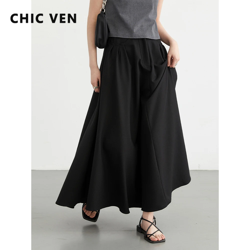 

CHIC VEN Korean Women Skirts Solid Loose New High Waisted Pleated Female A-line Long Skirt Fashion Clothing Spring Summer 2024