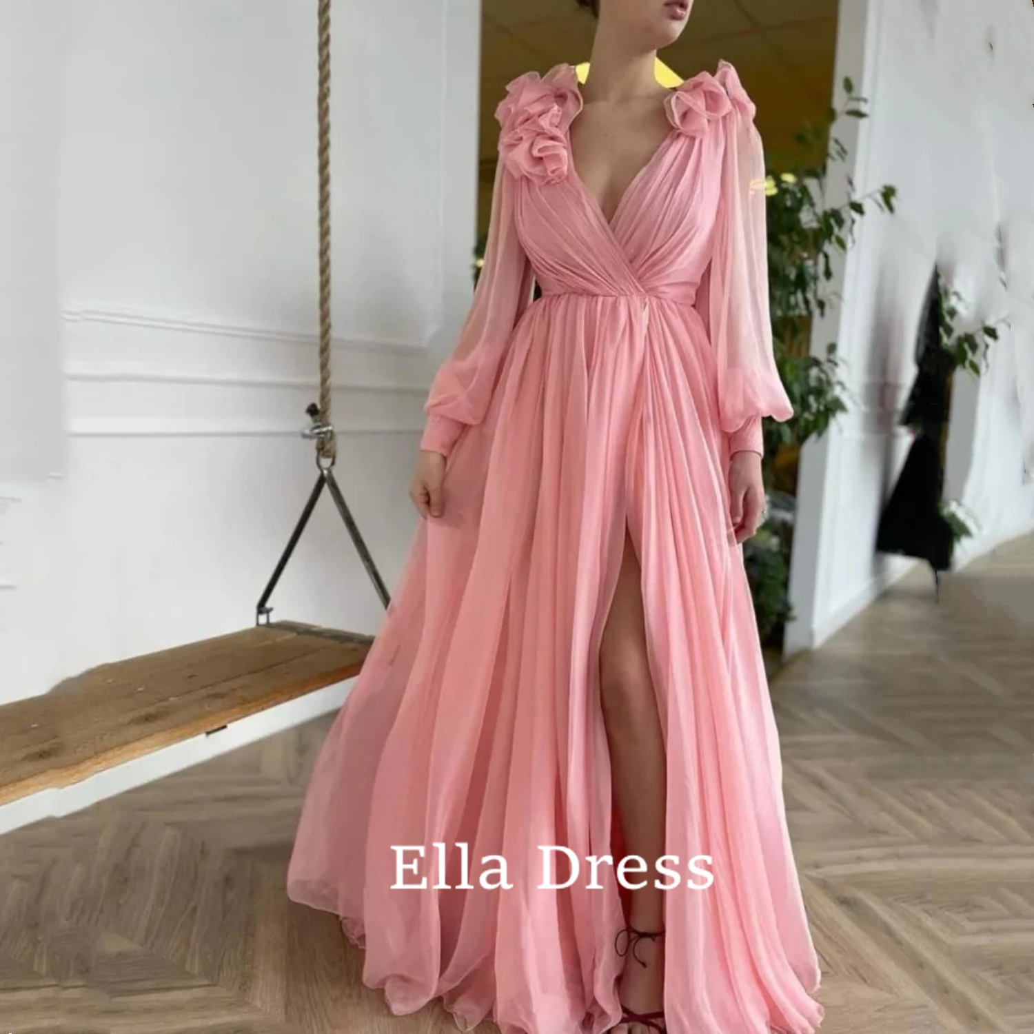 

Розовое шифоновое бальное платье Ella с длинными рукавами, плиссированное платье-трапеция с цветочным принтом и высоким разрезом сбоку, платье для выпускного вечера в стиле Саудовской Аравии