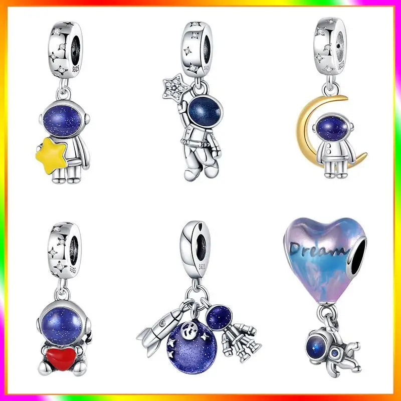 

925 Sterling Silver New in Stars Moon Astronaut Charm Beads Fits Pandora Original Bracelet Women Pendant Bead DIY Jewelry Gift