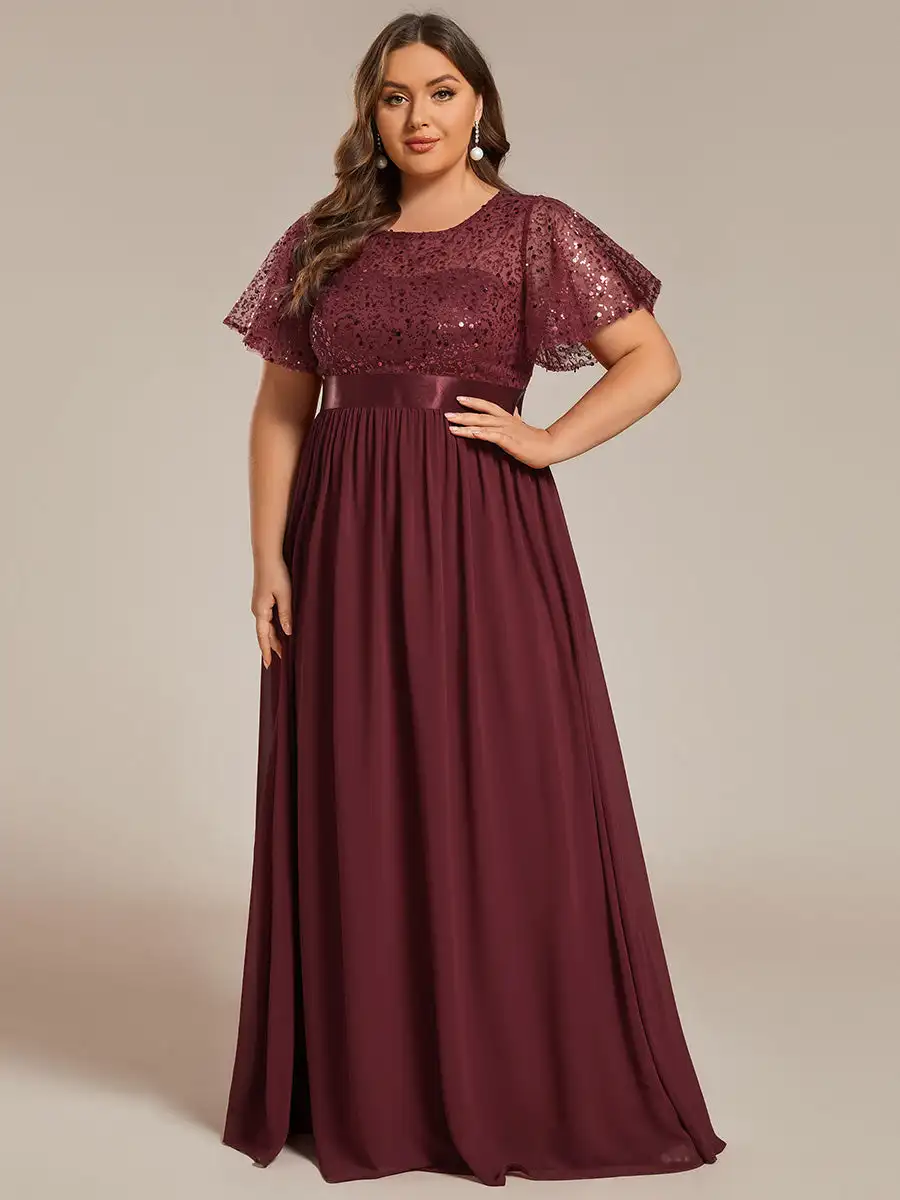 

Plus size Evening Dresses Round-Neck Sequin Short Sleeves High Waist 2024 of Chiffon Sequin Burgundy Bridesmaid Dress