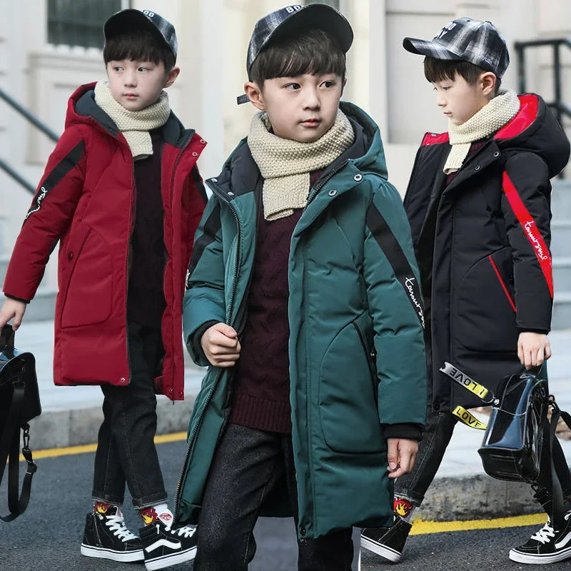 

New Big Size Very Keep Warm Winter Boys Jacket Teenager Mid-Length Plus Velvet Thickening Hooded Cotton Coat For Kids