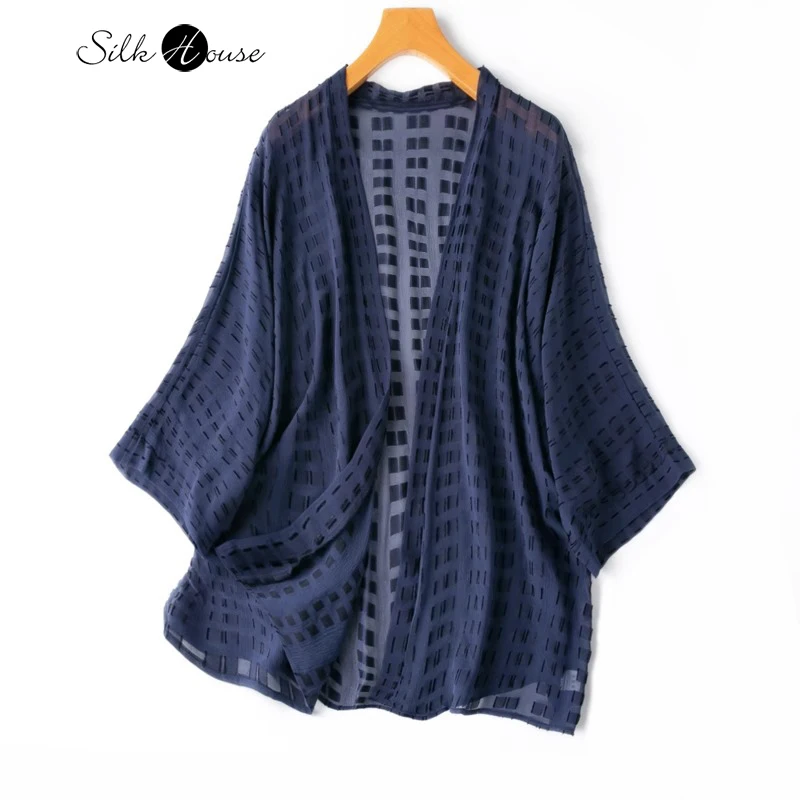 

2024 Women's Spring New 100%Natural Mulberry Silk Cut Silk Kimono Style Batwing Sleeves Navy Blue Cardigan Sunscreen Clothing