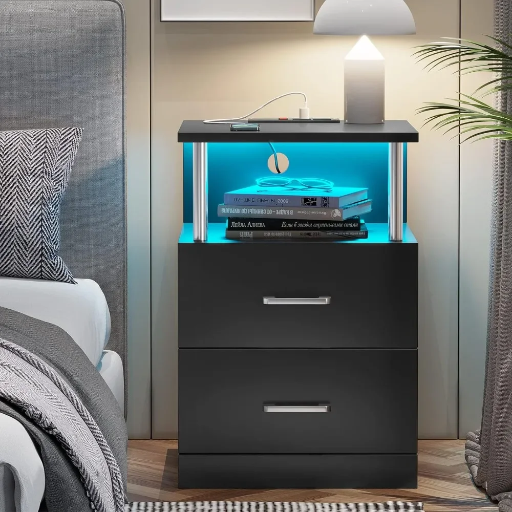 LED bedside table, Bedside table set 2 pieces, Bedside table furniture with open storage and 2 drawers 
LED bedside table, Bedside table set 2 pieces, Bedside table furniture with open storage and 2 drawers