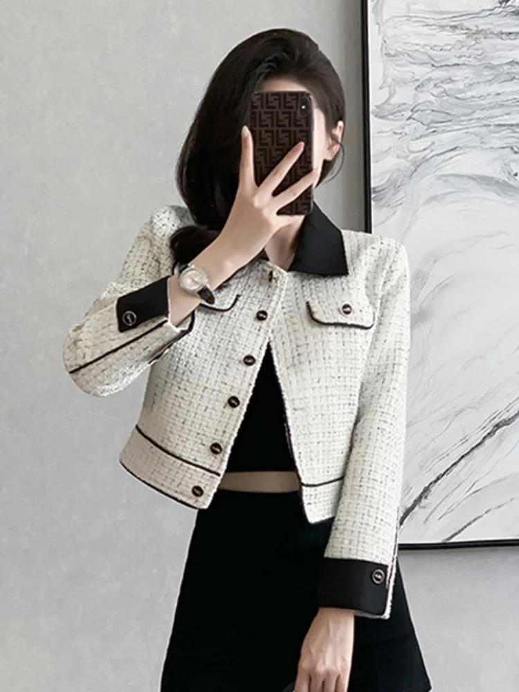 

Новая корейская модная куртка, пальто, женское винтажное шерстяное короткое пальто с длинным рукавом и отложным воротником, верхняя одежда во французском стиле на осень и зиму