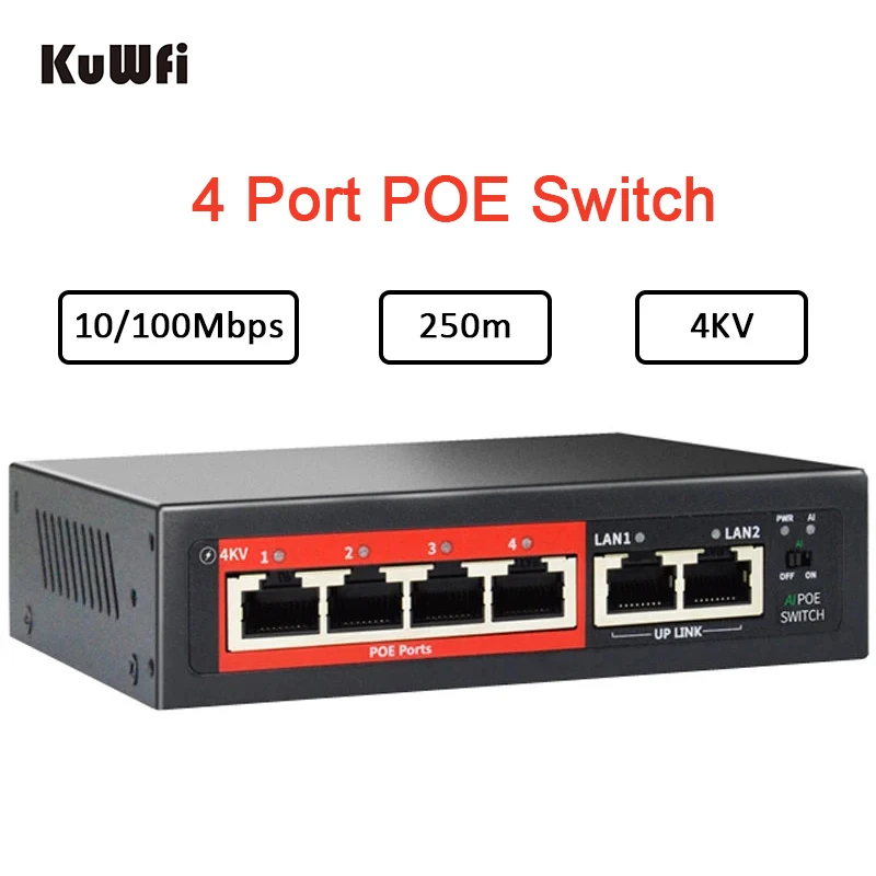 

KuWFi 48V 4 Port POE Switch with RJ45 Port IEEE 802.3 af/at 52W 10/100Mbps Ethernet Switch Network For IP Camera & Wireless AP