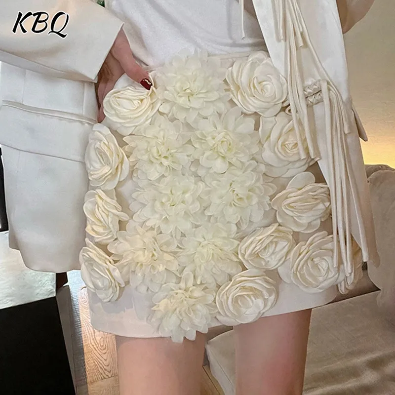 

KBQ Solid Elegant Patchwork Appliques Skirt For Women High Waist Spliced Zipper Temperament A Line Skirts Female Fashion Style