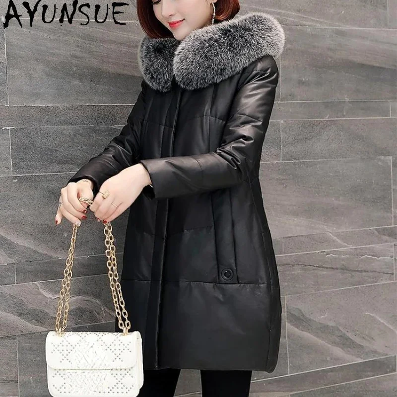 

Genuine AYUNSUE Leather Jacket Women 2024 Winter Mid-length Real Sheepskin Coat Hooded Fox Fur Collar White Duck Down Jackets