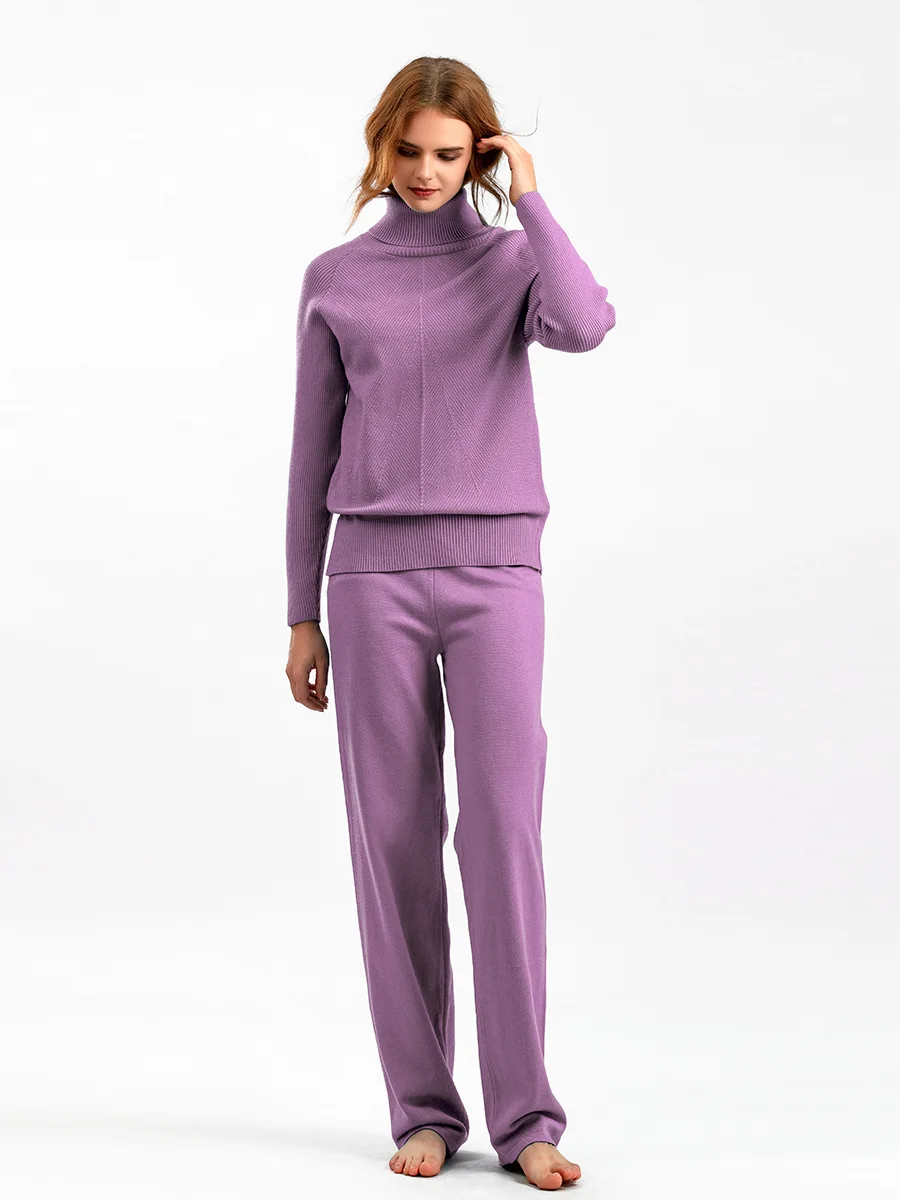 

Winter Knitted Pant Sets Casual Loose Pullovers And Wide Leg Trousers 2 Pieces Set Purple /Blue Color ZA Style