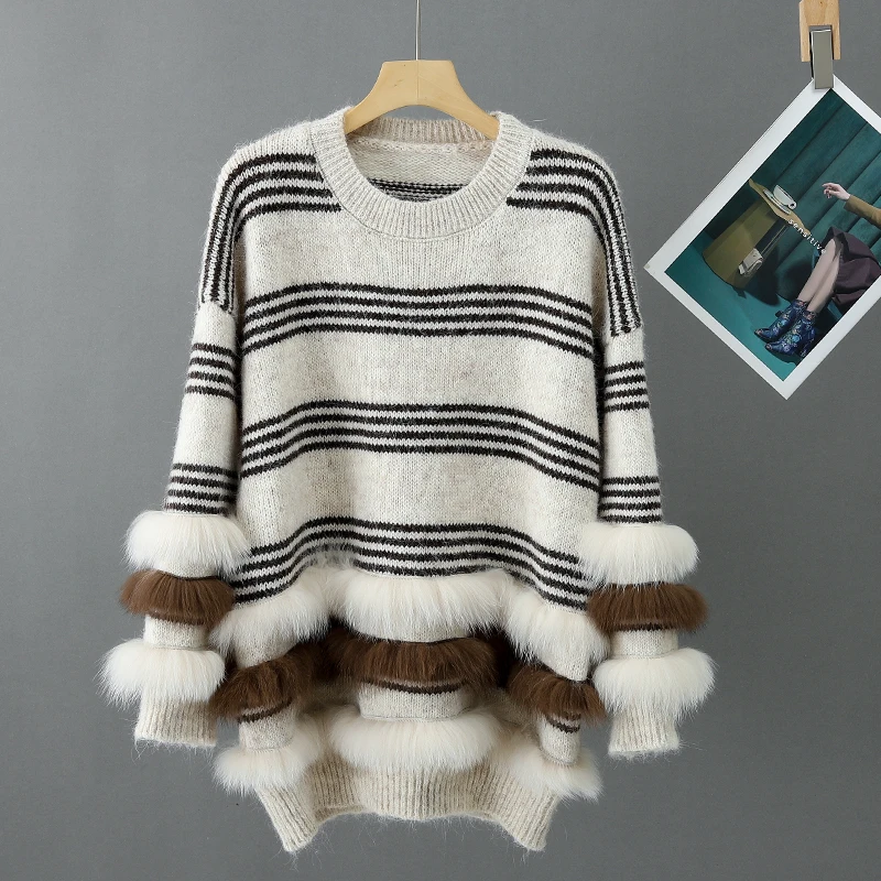 

Women's Pullover Sweater 2023 New Real Fox Fur Patchwork Stripes Loose And Lazy Sweater Free Shipping