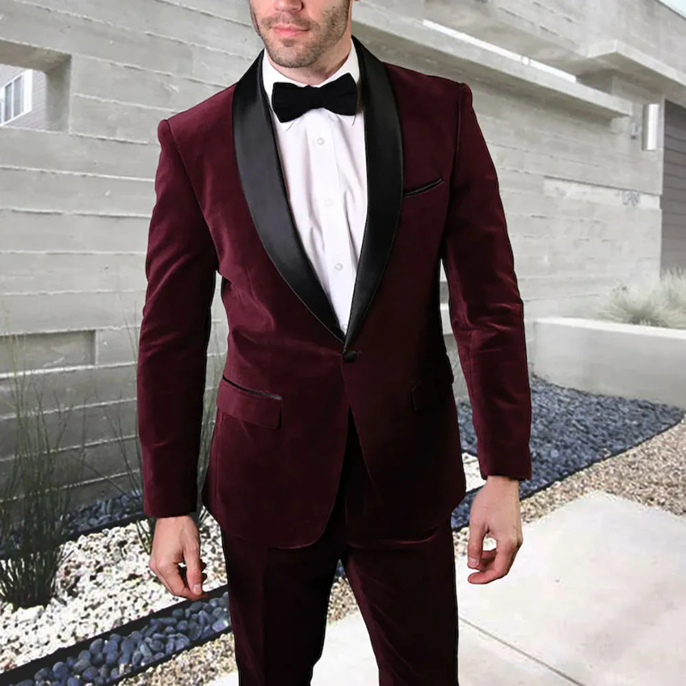 

Burgundy Velvet One Button Slim Fit Men Suits Black Shawl Lapel High Quality Wedding Groom Full Set Tailor 2 Piece Jacket Pants