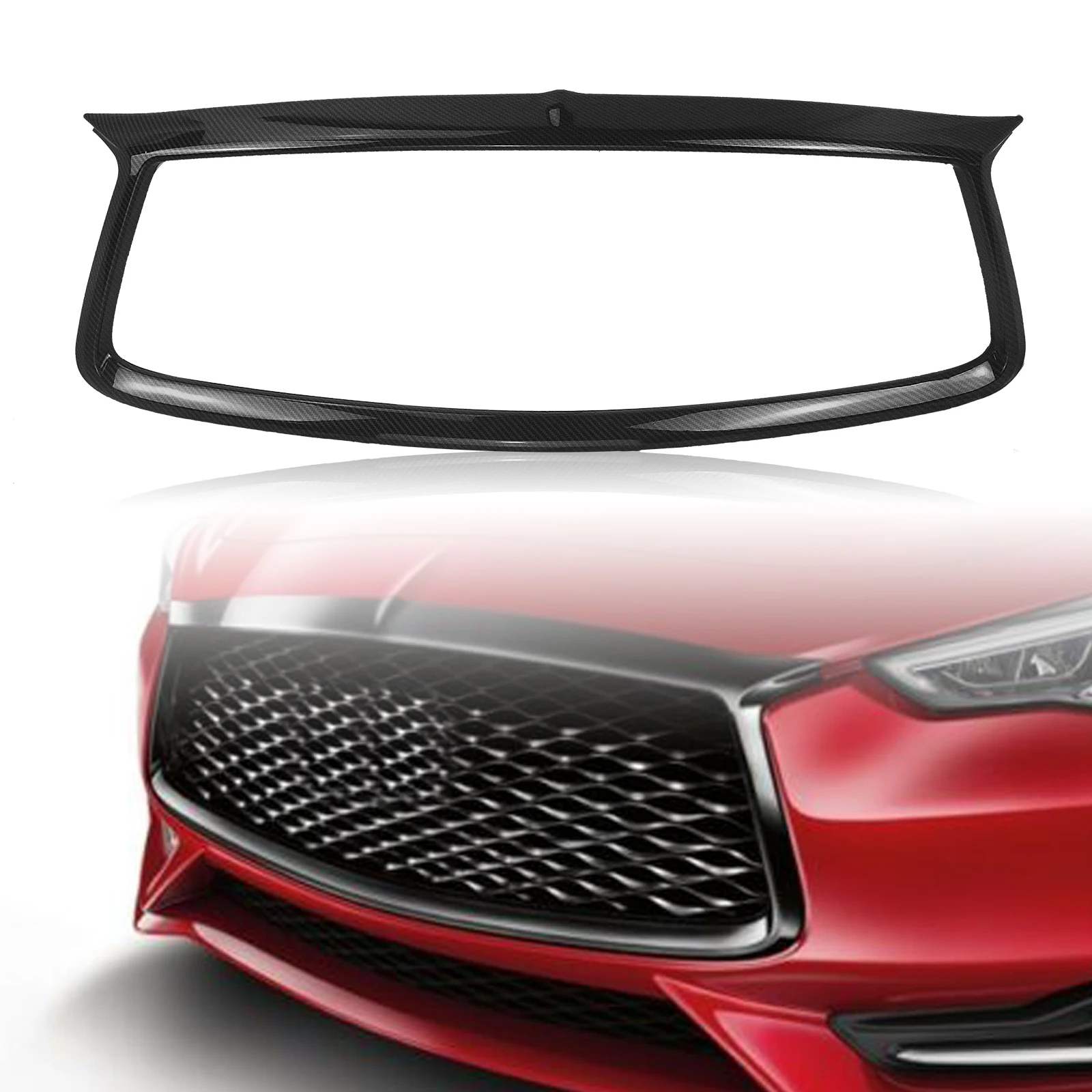 

For Infiniti Q60 Coupe 2017-2021 Front Grill Trim Cover Overlay Glossy Black Add On Upper Bumper Hood Grille Frame Strip Bezel