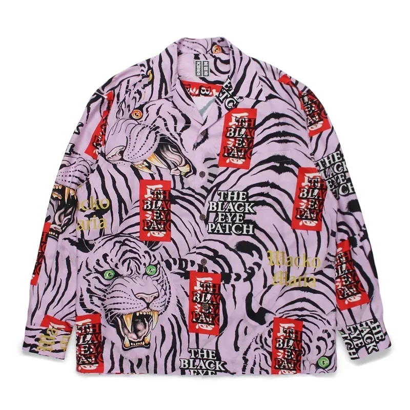 

Y2K Oversized Tiger WACKO MARIA Long Sleeve Japan Style Shirt Men Women 1:1 High Quality Pink Green khaki Hawaiian Shirts