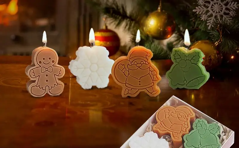 

4pcs Scented Decorative Candles Wax Mold Holiday DIY Aroma Candle Gingerbread Man Snowman Aromatherapy Mold For Home Decoration