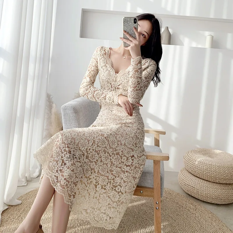 

Vintage Lace Dress Women Spring Autumn V-neck Bodycon Midi Dress Long Sleeves Empire Pure Color Slim OL Formal Party Dresses