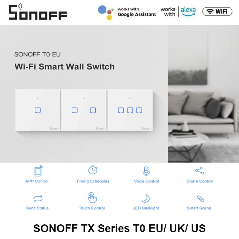 

SONOFF TX Series T0 EU/ UK/ US Smart Home Switch Wifi Touch Switches Wall Light Switch Wireless App Voice Remote Control