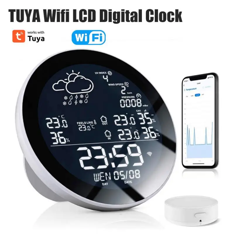 

Tuya New Colour Screen Smart Alarm Clock Wifi Weather Station Digital Temperature HumidityTime Calendar UV Thermometer Station