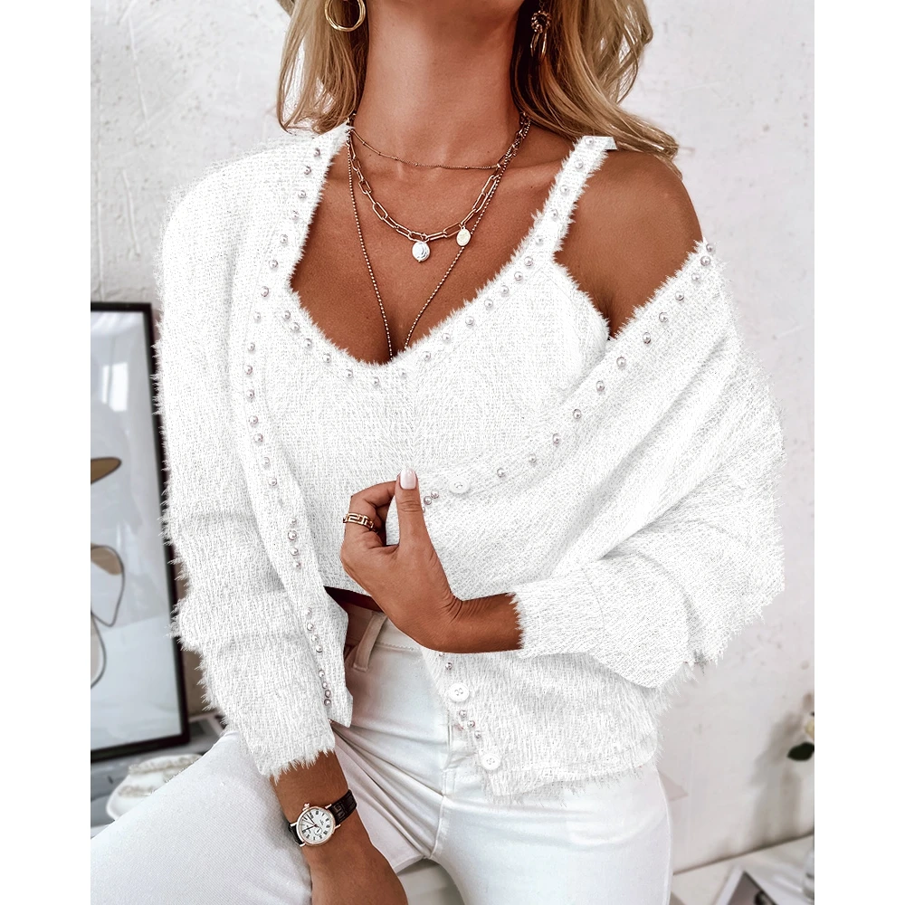 Autumn Women Sweet Pearl Decor Fluffy Outwear &V Neck Tank Top Set Femme Winter Fashion Office Lady Long Sleeve Sweater Coat Set
Autumn Women Sweet Pearl Decor Fluffy Outwear &V Neck Tank Top Set Femme Winter Fashion Office Lady Long Sleeve Sweater Coat Set