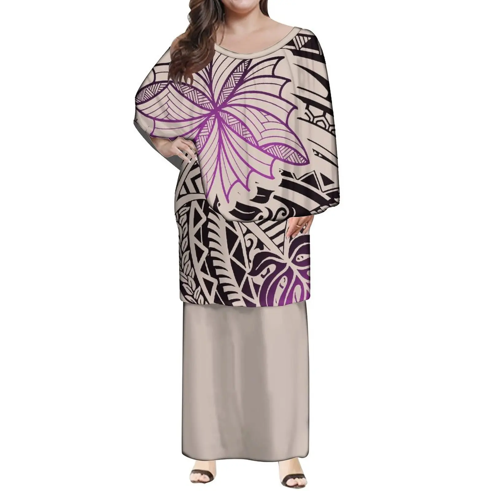

2024 Women'S Cape Sleeve Dress Polynesian Tribe Puletasi Top And Maxi Dress Play Samoan Elegant Dress Suit