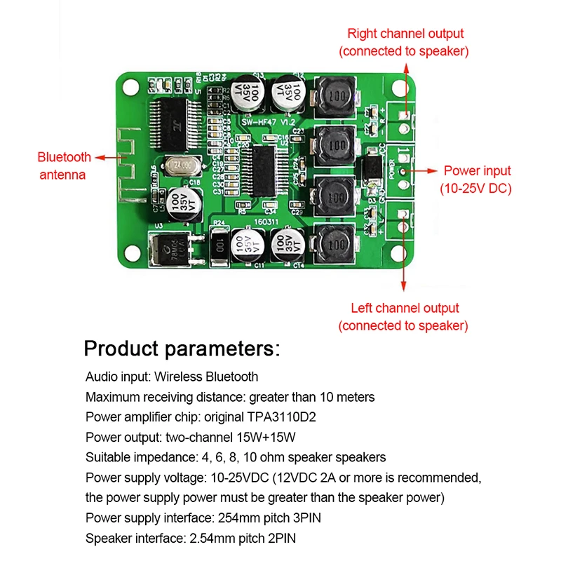 TPA3110 2X1 5 Вт беспроводной Bluetooth аудио усилитель мощности, плата, цифровой стерео двухканальный для Bluetooth-динамика
TPA3110 2X1 5 Вт беспроводной Bluetooth аудио усилитель мощности, плата, цифровой стерео двухканальный для Bluetooth-динамика