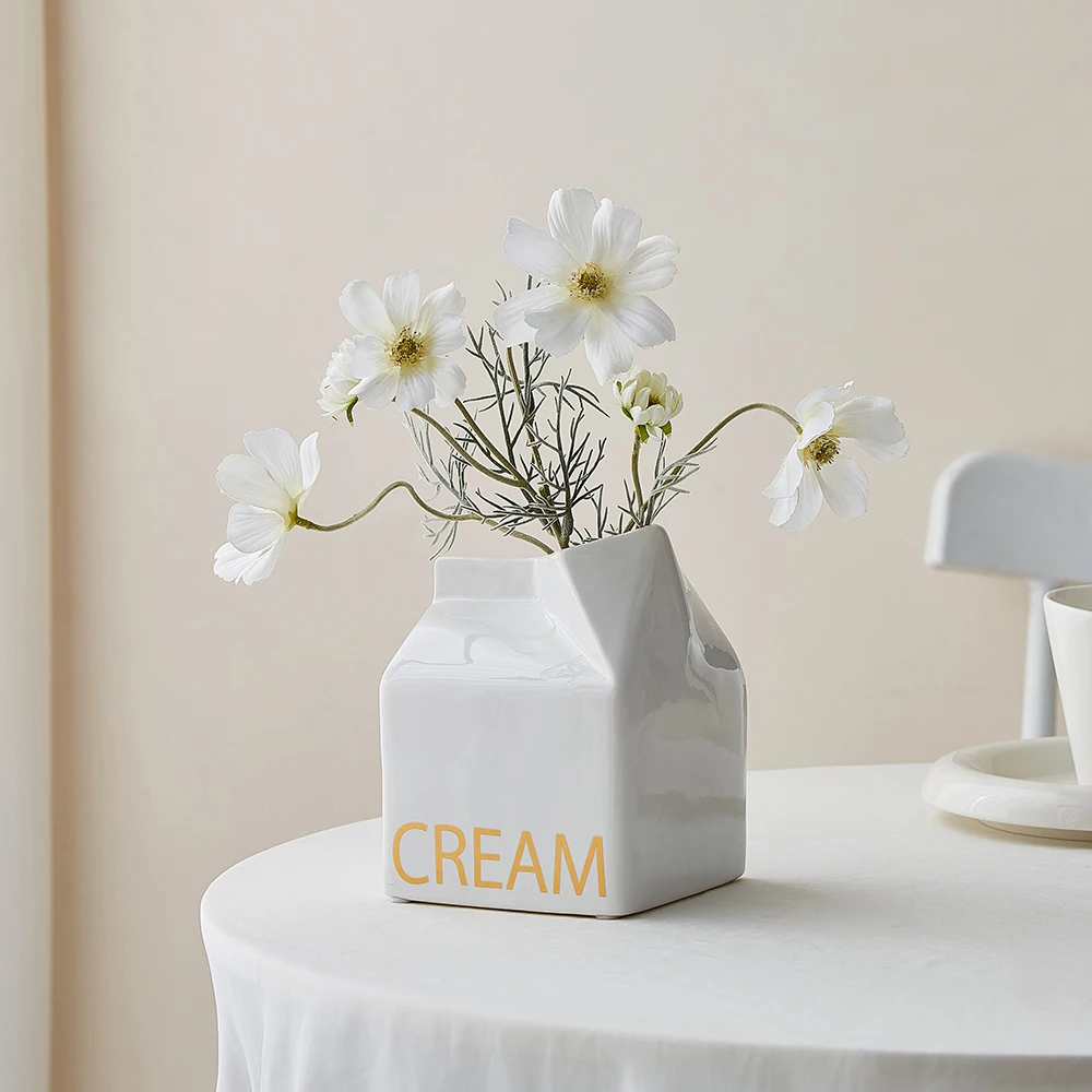 

Home Decor Simple Milk Carton Vase for Dried Flower Nordic Style Living Room Table Ornament Ceramic Flower Arrangement Crafts