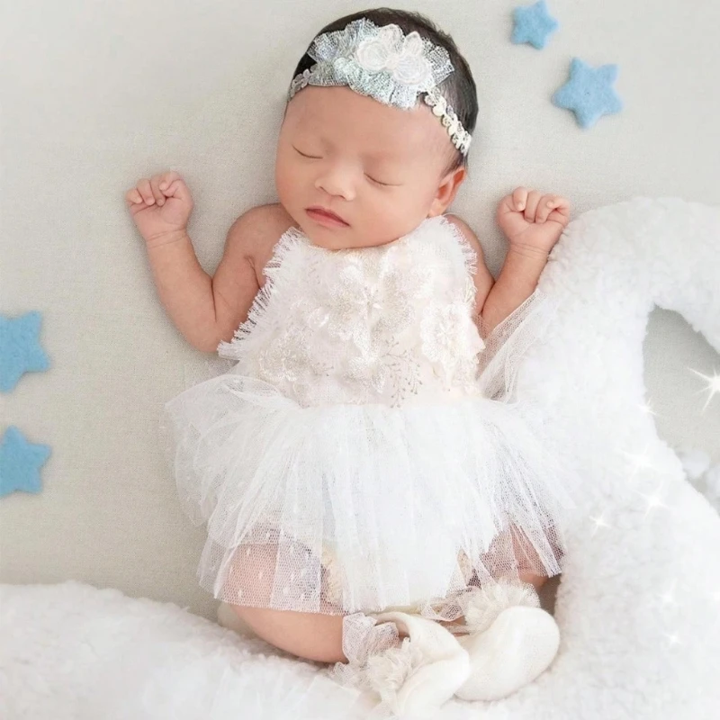 

Baby Photoshoot Accessories Lace Romper with Headband & Shoes Lovely Newborn Girls Photography Outfit with Hairband