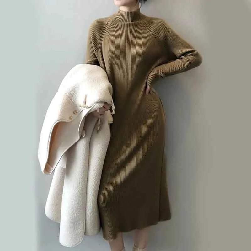 Autumn Women Knit Midi Dress Mock Neck Long Sleeve Casual Pullover Sweater Elegant Slim Solid Office Lady All Match Base Dress
Autumn Women Knit Midi Dress Mock Neck Long Sleeve Casual Pullover Sweater Elegant Slim Solid Office Lady All Match Base Dress