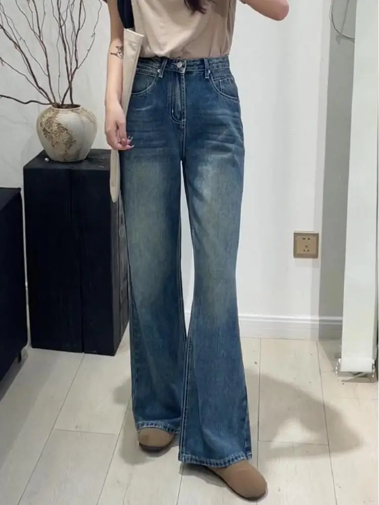 

FINEWORDS High Waist Korean Flared Jeans Women Causal Washed Loose Bell Bottom Jeans Streetwear Light Blue Leisure Denim Pants