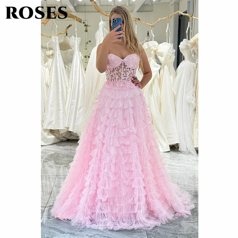 

ROSES Pink Evening Dress Sweetheart Sleeveless فستان سهرة Laced Bodice A-Line Tulle Prom Dress Fairy Layered Cake Party Dress