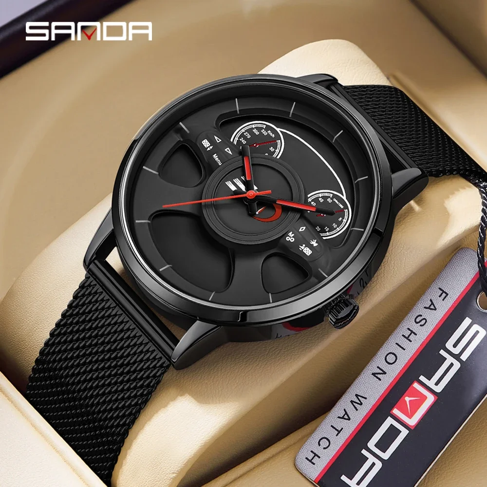 

SANDA P1138 Top Brand Sport Car Wheel Rim Hub Watches For GTR Men Super Watch Stainless Steel Waterproof WristWatch Male Reloj