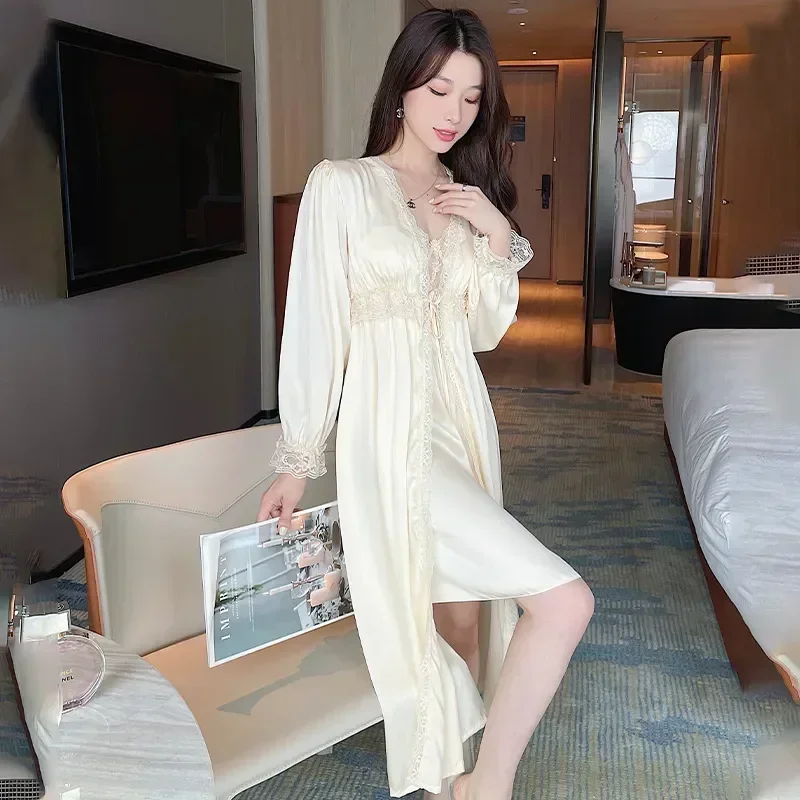 

Set Sleepwear Loungewear V-neck Chemise Homewear Lace Bathrobe Nightdress Robe Suit Sexy Women Nightgown Summer Gown Twinset