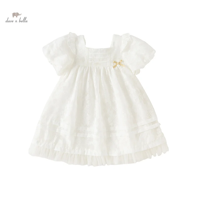 

Dave Bella Children's Princess Dress for Girls 2024 New Summer Puff Sleeves White Mesh Charm Noble Cute Sweet Party DB2240540