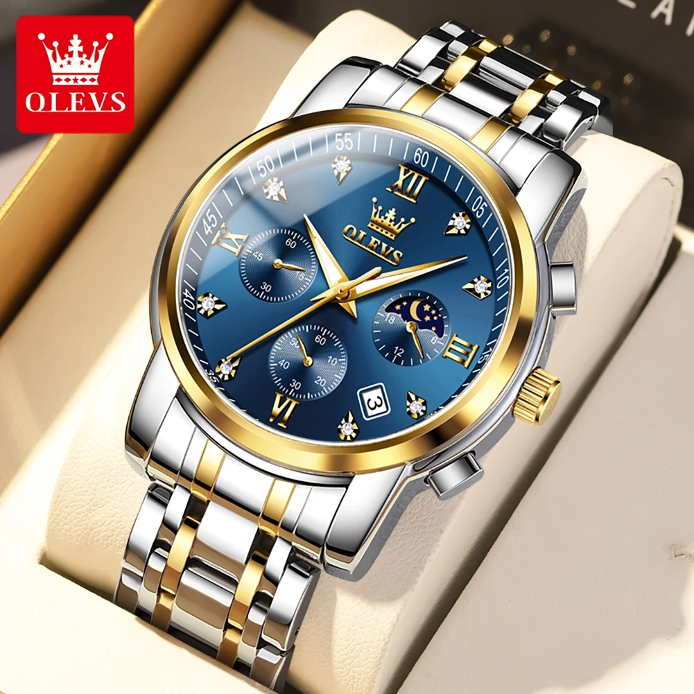 

OLEVS Top Moon Phase Quartz Watch for Men Stainless Steel Waterproof Luminous Auto Date Chronograph Luxury Men's Wristwatch New