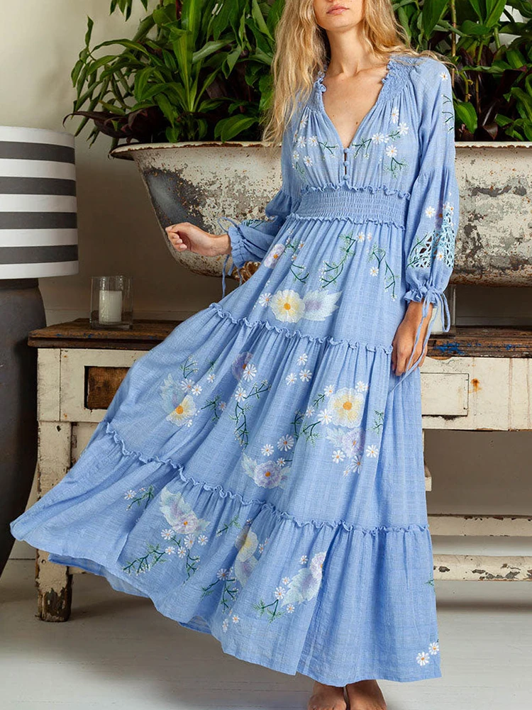 

Gypsylady Floral Embroidery Tiered Maxi Dress Holllow Out Long Flare Sleeve Vocation Sexy Women Dresses Ladies Vestidos Robe New