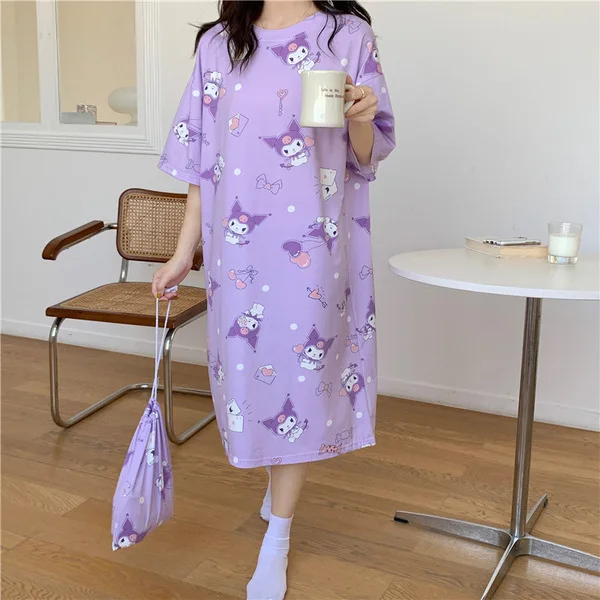 

Cute Sanrio Woman Cotton Pajamas Dress Kuromi Cinnamoroll Melody Hello Kittty Pajamas Lady Nightgown Girl Homewear Gift Anime