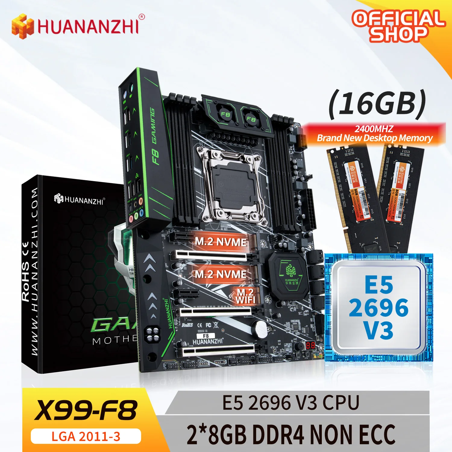 

HUANANZHI X99 F8 LGA 2011-3 XEON X99 Motherboard with Intel E5 2696 v3 with 2*8G DDR4 NON-ECC memory combo kit set NVME SATA